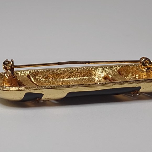 Black And Gold Tone Oval Brooch With Clear Rhinestones - Picture 14 of 14